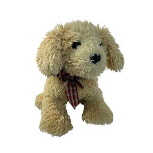 Ty Goldwyn Plush Dog With Red Plaid Bow Soft Tan Fur 12" Stuffed Animal Collecti